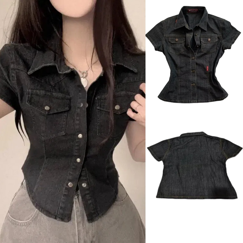 Crop Top Crochet - Camisa de Denim Preta Feminina de