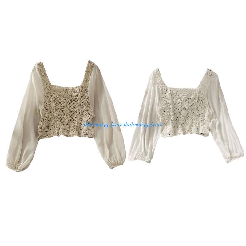 573B Mulheres Sheer Puff Camis - Crop Top Crochet avaliação e preço