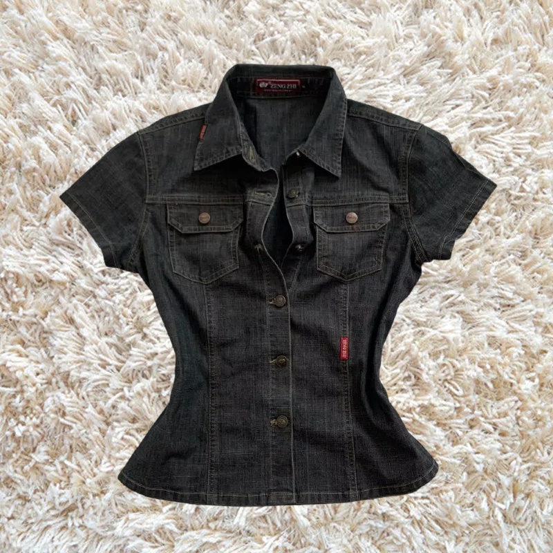 Camisa de Denim Preta Feminina - Crop Top Crochet avaliação e preço